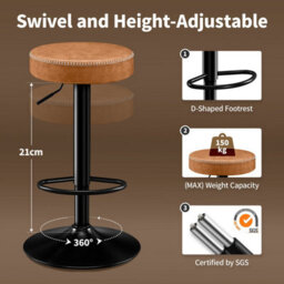 "Stoolink Breakfast Bar Stools Set Of 2, Backless Swivel With Footrest, Adjustable 25.8""-33.7"" Microfiber Leather - Brown" - thumbnail 7