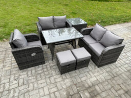 Fimous 7 Pieces Outdoor Garden Dining Sets Rattan Furniture With Armchairs Love Sofa Side Table 2 Small Footstools - thumbnail 1
