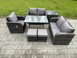 Fimous 7 Pieces Outdoor Garden Dining Sets Rattan Furniture With Armchairs Love Sofa Side Table 2 Small Footstools - thumbnail 2
