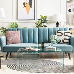 Wyld And Coco Velvetluxe Sofa Bed Light Blue - 3-Seater Convertible Sleeper, Glam Modern - thumbnail 2