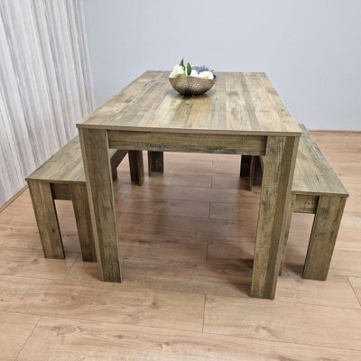 Kosy Koala Rustic Effect Wood Dining Table And 2 Benches Kitchen Table Set Space Saver Table Set - image 1