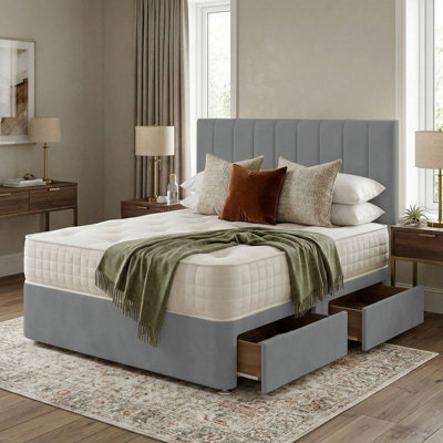 Adore Designs Portland Plush Velvet Divan Bed, Headboard - 4Ft6 Double - Silver - 4 Drawers - image 1