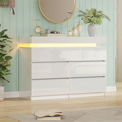 7 Drawer White High Gloss Bedside Table Cabinet Led Rgb Light Storage - image 1