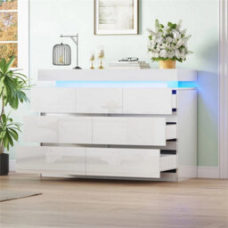 7 Drawer White High Gloss Bedside Table Cabinet Led Rgb Light Storage - thumbnail 5