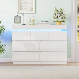 7 Drawer White High Gloss Bedside Table Cabinet Led Rgb Light Storage - thumbnail 4