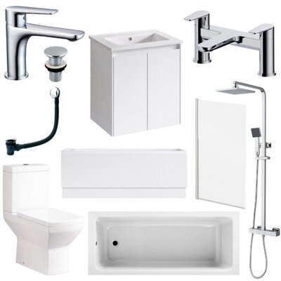 Plum&clay Complete Bathroom Suite Chrome Taps 500mm White Wall Hung Vanity Unit Bath Shower Screen Toilet Waste - image 1