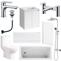 Plum&clay Complete Bathroom Suite Chrome Taps 500mm White Wall Hung Vanity Unit Bath Shower Screen Toilet Waste