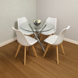 Kosy Koala Round Glass Dining Table With Chrome Metal Legs And 4 White Leather Plastic Chairs, Modern Dining Set - thumbnail 1