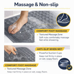 Shopnbits Comfortgrip Asm01 Grey Extra Large 60X90Cm Pvc Anti Slip Bath And Shower Mat With Suction Cups And Foot Scrubber - thumbnail 3