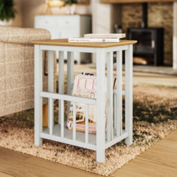 FWSTYLE Oak Magazine Rack Table Cream Linen Ready Assembled - thumbnail 1