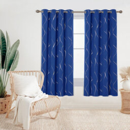 Deconovo Energy Saving Blackout Eyelet Thermal Curtains, Gold Wave Foil Printed Curtains, W52 X L84 Inch, Royal Blue, 1 Pair - thumbnail 2