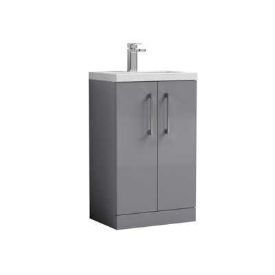 Balterley Bramshall Compact Bathroom Cloakroom Vanity Basin Unit With Polymarble Basin, Brushed Pewter Handles, 500mm, Satin Grey - image 1