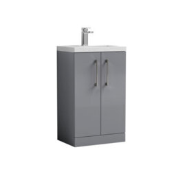 Balterley Bramshall Compact Bathroom Cloakroom Vanity Basin Unit With Polymarble Basin, Brushed Pewter Handles, 500mm, Satin Grey - thumbnail 1