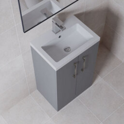 Balterley Bramshall Compact Bathroom Cloakroom Vanity Basin Unit With Polymarble Basin, Brushed Pewter Handles, 500mm, Satin Grey - thumbnail 3