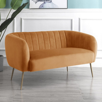 Matilda 137Cm Wide Orange Ruched Back Velvet 2 Seat Sofa With Brass Coloured Steel Legs