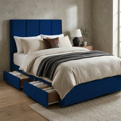 "Adore Designs Stafford Plush Velvet Divan Bed, 50"" Headboard - 4Ft Small Double - Blue - 2 Drawers Foot End" - image 1