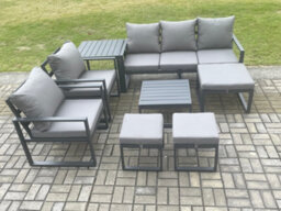 Fimous Aluminium Outdoor Lounge Sofa Set Garden Furniture Sets With Square Coffee Table 2 Chairs 3 Footstools Side Table - thumbnail 2