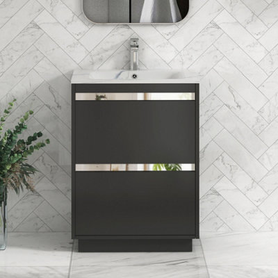 Royal Bathrooms Orion 600mm Matt Obsidian Black 2 Drawer Floor Standing Vanity Unit With Carrara White Basin & Chrome Accent Trim - image 1