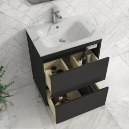 Royal Bathrooms Orion 600mm Matt Obsidian Black 2 Drawer Floor Standing Vanity Unit With Carrara White Basin & Chrome Accent Trim - thumbnail 4