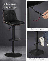 Songmics Set Of 2 Kitchen Seating, Quilted Synthetic Leather Bar Stools, Height Adjustable Swivel, Backrest & Footrest, Ink Black - thumbnail 7