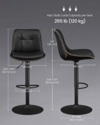 Songmics Set Of 2 Kitchen Seating, Quilted Synthetic Leather Bar Stools, Height Adjustable Swivel, Backrest & Footrest, Ink Black - thumbnail 2