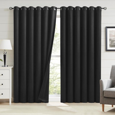 Oxford Homeware Plain Black 230Gsm Blackout Curtain Thermal Insulated Eyelet For Living Room Curtain Pair (W)168Cm X (L)228Cm - image 1