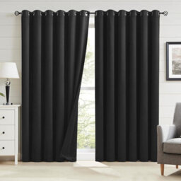 Oxford Homeware Plain Black 230Gsm Blackout Curtain Thermal Insulated Eyelet For Living Room Curtain Pair (W)168Cm X (L)228Cm - thumbnail 1