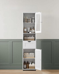 Tall Bathroom Cabinet Free Standing, Slim Bathroom Storage Cupboard, Open Shelf, Glass Door, Space-Saving, Cloud White