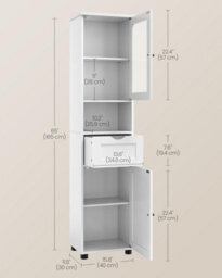 Songmics Tall Bathroom Cabinet Free Standing, Slim Bathroom Storage Cupboard, Open Shelf, Glass Door, Space-Saving, Cloud White - thumbnail 2