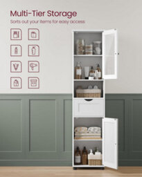 Songmics Tall Bathroom Cabinet Free Standing, Slim Bathroom Storage Cupboard, Open Shelf, Glass Door, Space-Saving, Cloud White - thumbnail 3