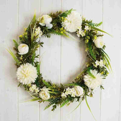 Annibells Natural Spring Door / Wall Wreath With White Flowers And Leaves  (6493)