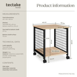 Tectake Bedside Table Gary - Industrial Style, 2 Shelves, Swivel Castors, 40 X 40 X 48 Cm - Industrial Wood Light, Oak Sonoma - thumbnail 6