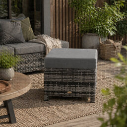 Wyld Haus Kadone Halu Rattan-Style Grey Square Outdoor Footstool With Cushioned Top, L50 X D50 X H35Cm
