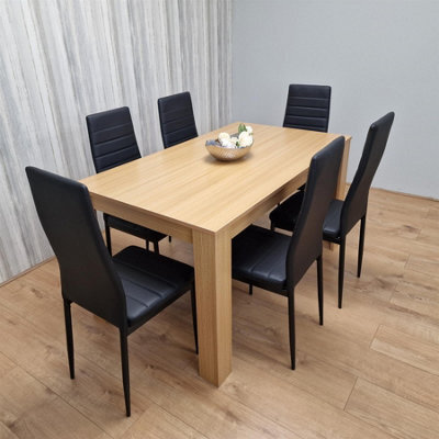 Kosy Koala Oak Effect Dining Table Set With 6 Black Faux Leather Chairs Dining Room Furniture - image 1