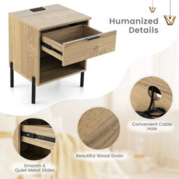 Natural Mid Century Nightstand With Charging Station Bed Side Table - thumbnail 4