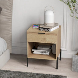 Natural Mid Century Nightstand With Charging Station Bed Side Table - thumbnail 3