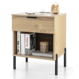 Natural Mid Century Nightstand With Charging Station Bed Side Table