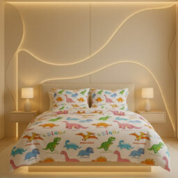Dino Themed Kids Bedding Set Soft Colorful Dinosaur Bedroom Decor White - thumbnail 1