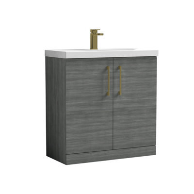 Balterley Bramshall Contemporary Bathroom Floor Standing 2-Door Vanity Unit & Mid-Edge Basin, Anthracite Woodgrain, 800mm - image 1