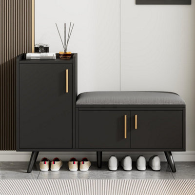 Modern Shoe Bench With Storage Cabinet, Adjustable Shelves For Boots & Heels, Upholstered Seat With Cotton-Linen Cushion, Asymmetr - image 1