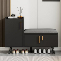 Modern Shoe Bench With Storage Cabinet, Adjustable Shelves For Boots & Heels, Upholstered Seat With Cotton-Linen Cushion, Asymmetr - thumbnail 1