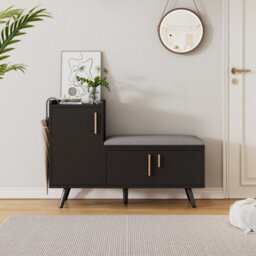 Modern Shoe Bench With Storage Cabinet, Adjustable Shelves For Boots & Heels, Upholstered Seat With Cotton-Linen Cushion, Asymmetr - thumbnail 2