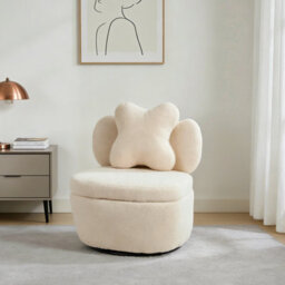 London Boutique Teddy Fleece Swivel Accent Chair, Rotating Tub Armchair, Hidden Storage, Metal Base, Living Room Chair, Beige