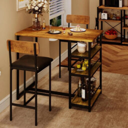 Bar Table Set W 2 Upholstered Chairs 3 Storage Shelves Kitchen Dining - thumbnail 1