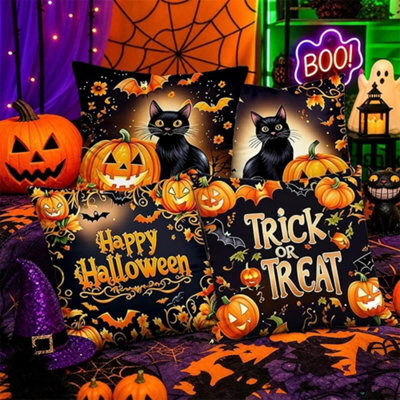 CLEFFNS Black Cat Pumpkin Halloween Throw Pillow Covers 18X18In Set Of 4, Happy Halloween Trick Or Treat, Single Sided Print Cushion Cases