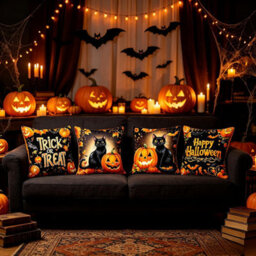CLEFFNS Black Cat Pumpkin Halloween Throw Pillow Covers 18X18In Set Of 4, Happy Halloween Trick Or Treat, Single Sided Print Cushion Cases - thumbnail 4