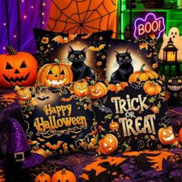 CLEFFNS Black Cat Pumpkin Halloween Throw Pillow Covers 18X18In Set Of 4, Happy Halloween Trick Or Treat, Single Sided Print Cushion Cases - thumbnail 1