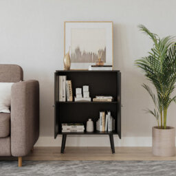 Urbn-Living Urbnliving 60Cm Height 2 Tier Black Wooden Bookcase With Black Door Scandinavian Style Black Legs Bedroom Shelf - thumbnail 2