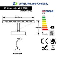 Long Life Lamps Company 5W Led Bathroom Mirror Wall Light With Pull Cord Cool White 6500K Ip20 Ml13 - thumbnail 2