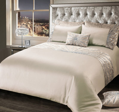 Intimates Elegant Faux Silk Diamante Duvet Cover & Pillowcase Set, Luxury Size Bedding, Durable, Easy Care, Button Enclosure - Natural